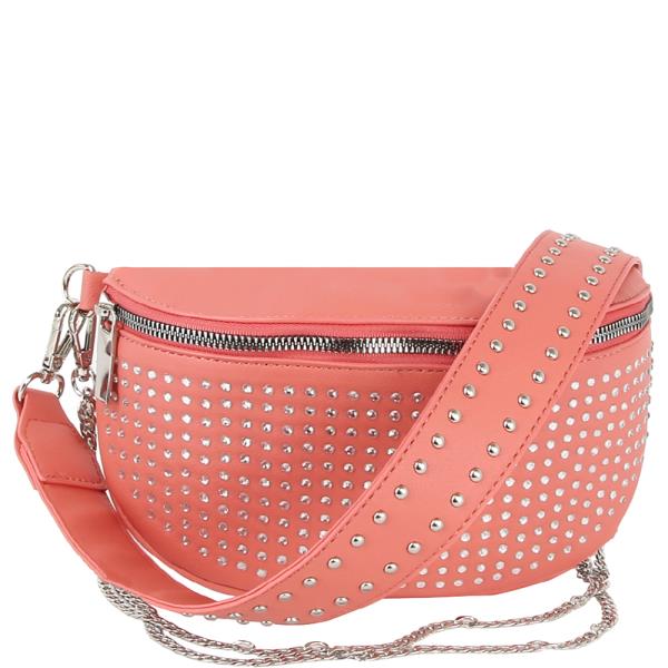 STUDDED ZIPPER CHAIN LINK CROSSBODY BAG