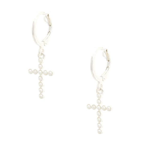 CROSS PEARL BEAD HUGGIE EARRING