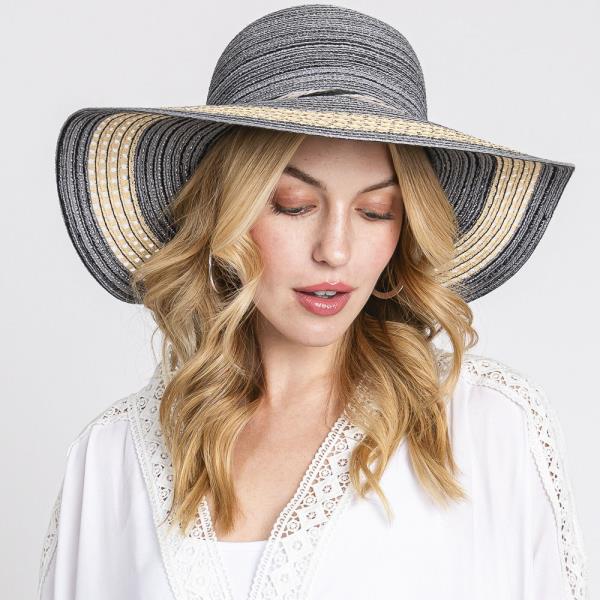 MIXED COLOR STRAW SUN HAT WITH WOVEN DETAIL & STRING BAND