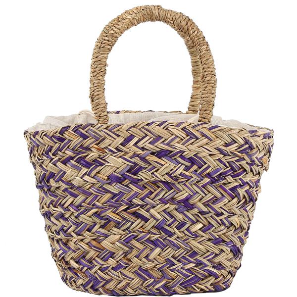 STRAW WOVEN COLORED HANDLE TOTE DRAWSTRING BAG