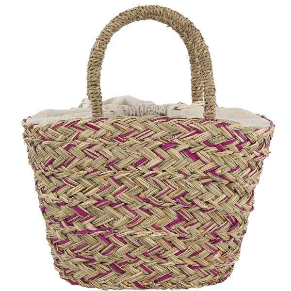 STRAW WOVEN COLORED HANDLE TOTE DRAWSTRING BAG