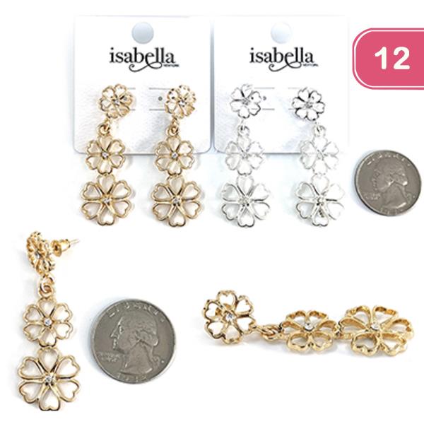 METAL FLOWER RHINESTONE DANGLE EARRING (12 UNITS)