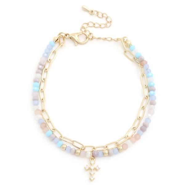 DAINTY CROSS OVAL LINK BEADED BRACELET