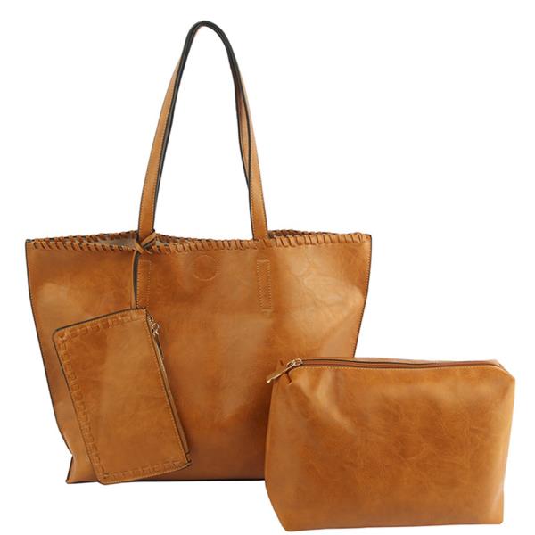 3IN1 SMOOTH PLAIN TOTE BAG WITH POUCH AND CLUTCH SET