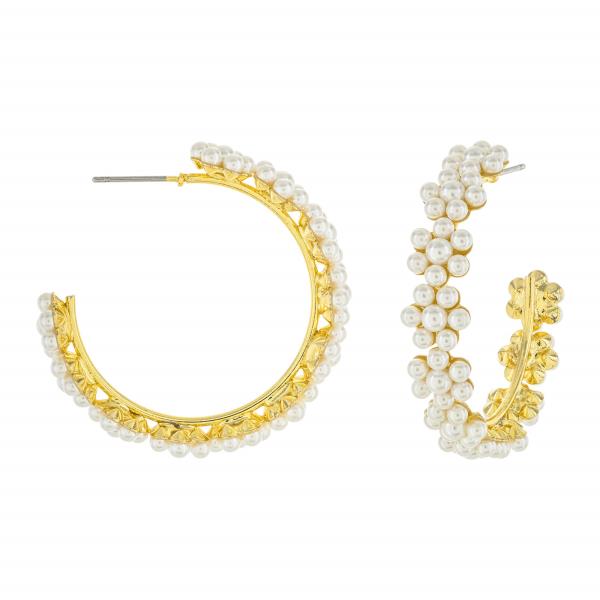BRASS GOLD PLATED PEARL 36MM C HOOP EARRING