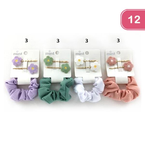 FLOWER HAIR PIN WITH SCRUNCHIE SET (12 UNITS)