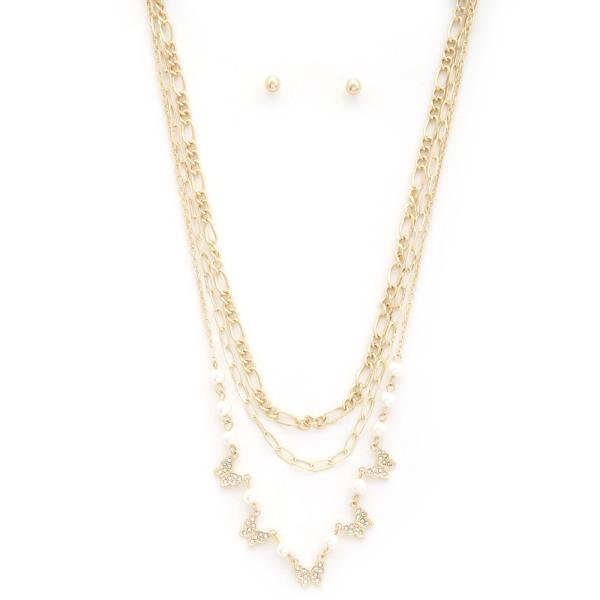 BUTTERFLY PEARL BEAD OVAL LINK LAYERED NECKLACE