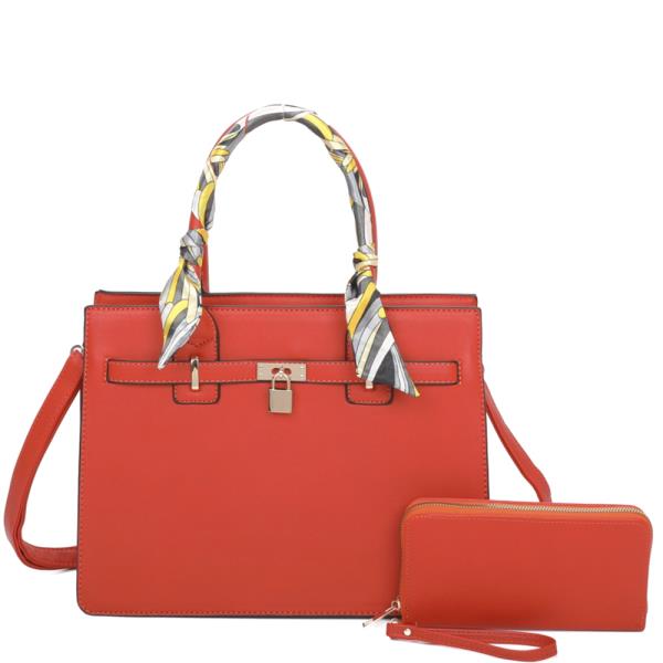 2IN1 CHIC SCARF HANDLE LOCK SATCHEL BAG W WALLET SET