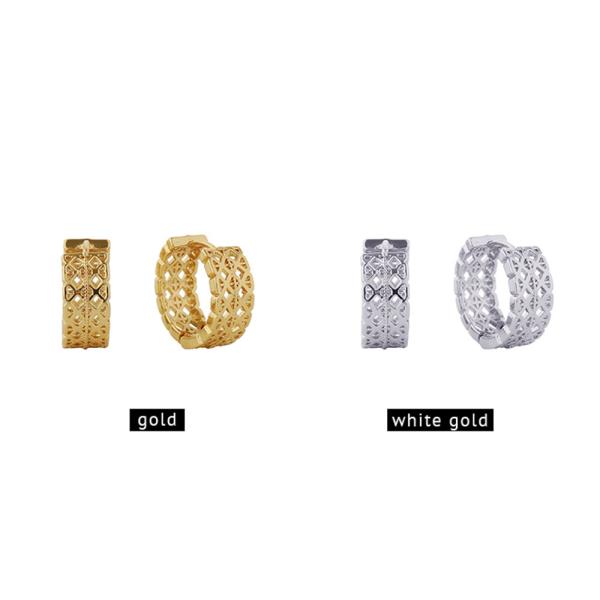 14K GOLD/WHITE GOLD DIPPED WOVEN CUT HUGGIE EARRINGS