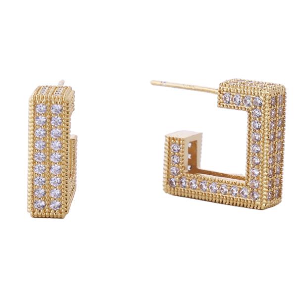 14K GOLD/WHITE GOLD DIPPED GEOMETRIC PAVE CZ POST EARRINGS