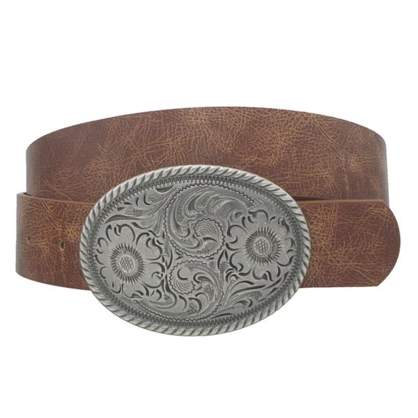 PLUS FLOWER EMBOSSED OVAL BUCKLE VINTAGE STRAP BELT