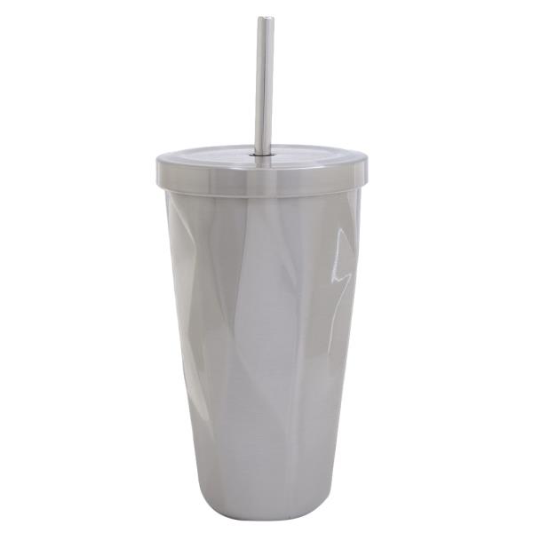 TWO TONE 3D GEOMETRIC DOUBLE WALLED STAINLESS STEEL TUMBLER WITH STRAW