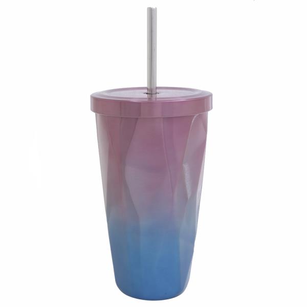 TWO TONE 3D GEOMETRIC DOUBLE WALLED STAINLESS STEEL TUMBLER WITH STRAW