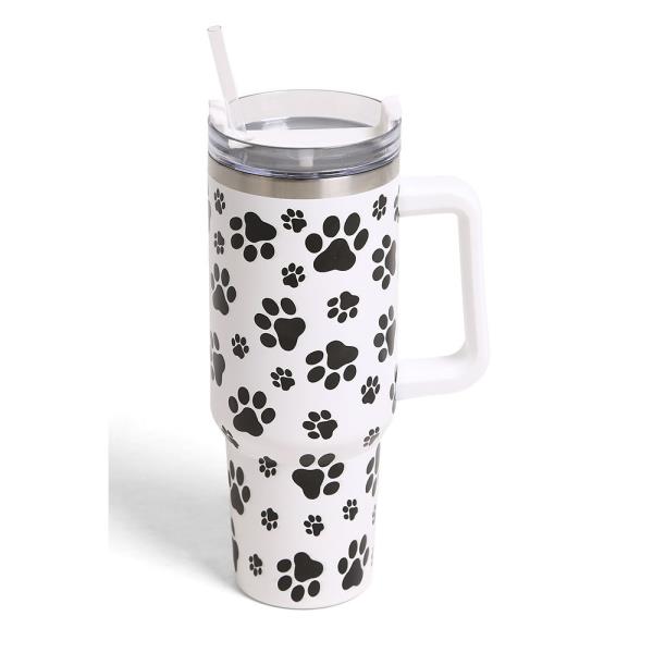 PAW PRINT 40 OZ DOUBLE WALLED STAINLESS STEEL TUMBLER W/ HANDLE & STRAWS
