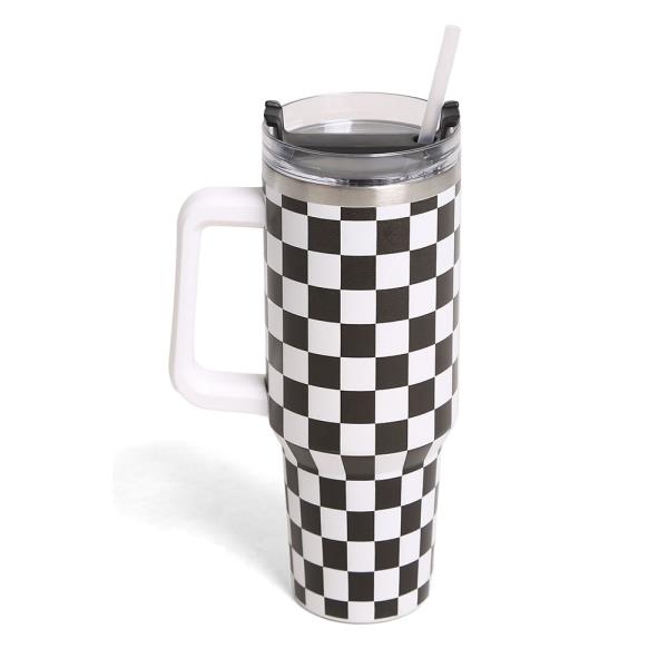 CHECKERED 40 OZ DOUBLE WALLED STAINLESS STEEL TUMBLER W/ HANDLE & STRAWS
