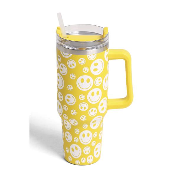 HAPPY FACE 40 OZ DOUBLE WALLED STAINLESS STEEL TUMBLER W/ HANDLE & STRAWS