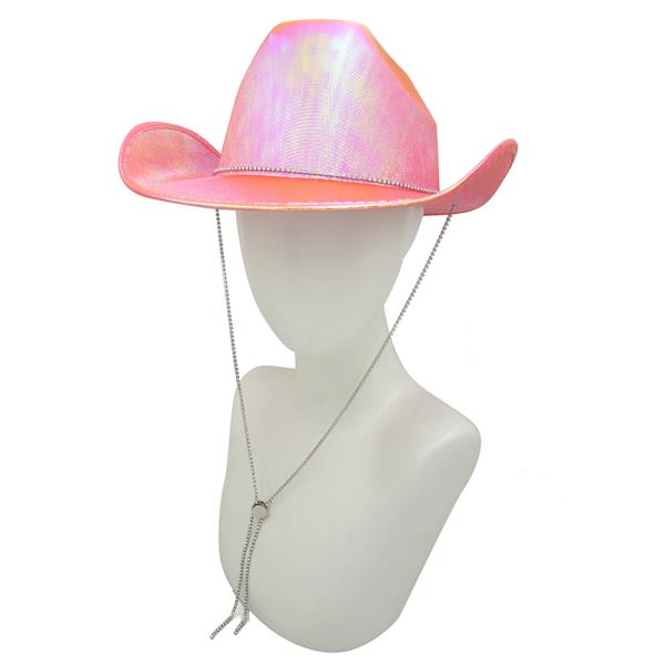 RHINESTONE BAND METALLIC COWBOY HAT WITH STRAP