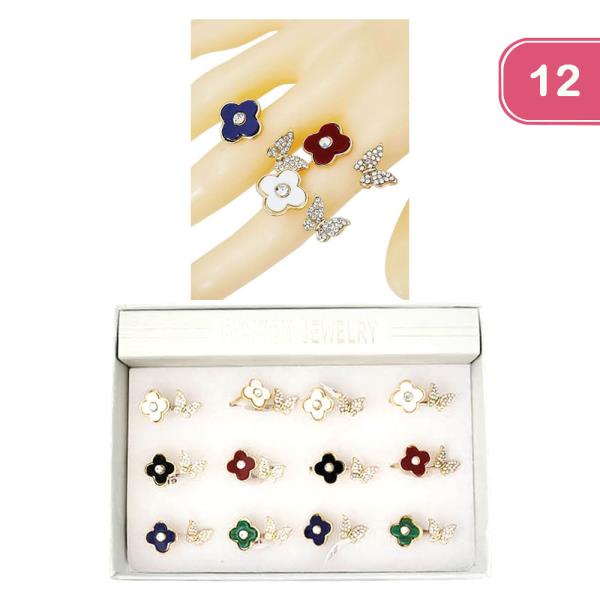 CLOVER FLOWER RHINESTONE BUTTERFLY RING (12 UNITS)