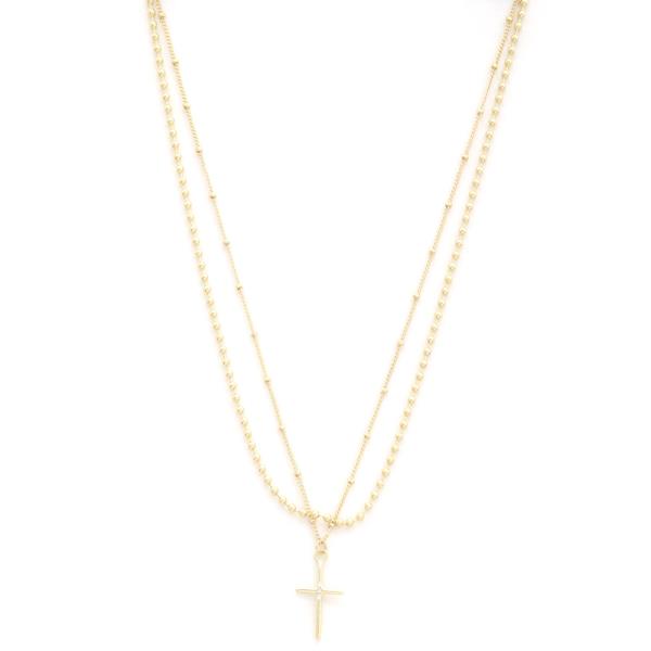 DAINTY CROSS CHARM LAYERED METAL NECKLACE