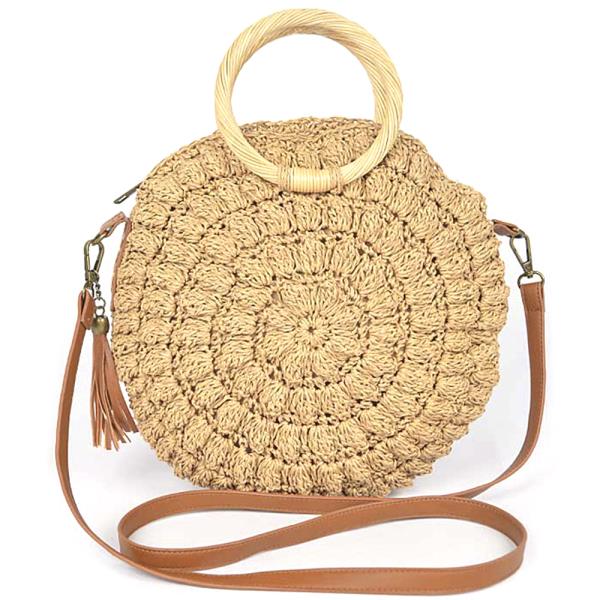 FAUX STRAW ROUND WOOD HANDLE BAG