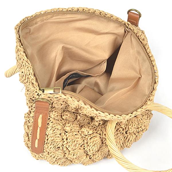 FAUX STRAW ROUND WOOD HANDLE BAG