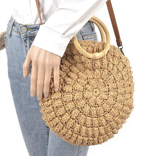 FAUX STRAW ROUND WOOD HANDLE BAG