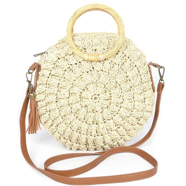 FAUX STRAW ROUND WOOD HANDLE BAG