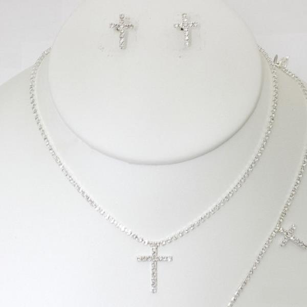 RHINESTONE CROSS NECKLACE EARRING BRACELET SET