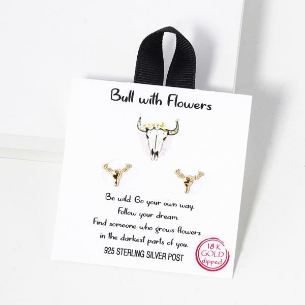 18K GOLD RHODIUM DIPPED BULL WITH FLOWERS EARRING