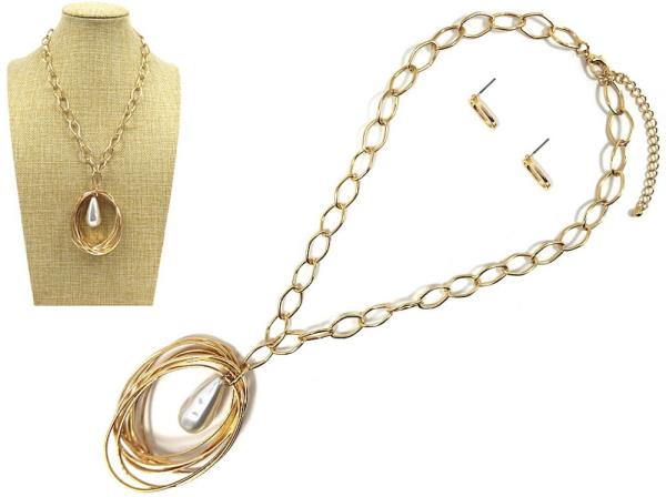 METAL CHAIN W PEARL PENDANT NECKLACE EARRING SET