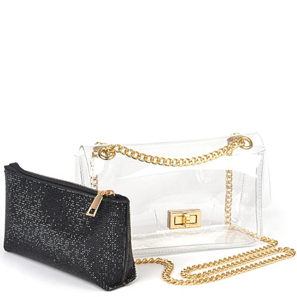 2IN1 TRANSPARENT CROSSBODY W RHINESTONE CLUTCH BAG SET