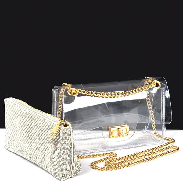 2IN1 TRANSPARENT CROSSBODY W RHINESTONE CLUTCH BAG SET