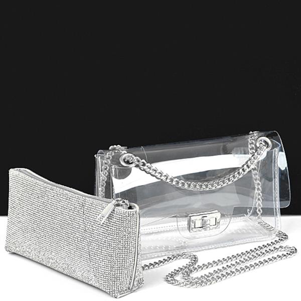 2IN1 TRANSPARENT CROSSBODY W RHINESTONE CLUTCH BAG SET