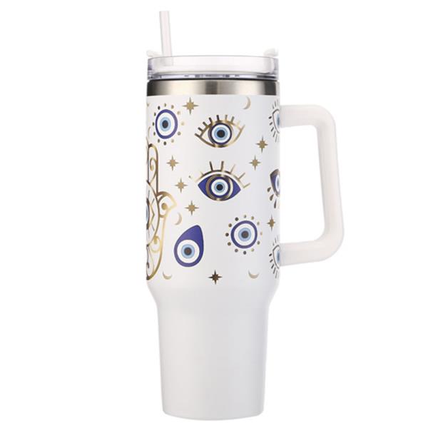 HAMSA EVIL EYE SIZE 40 OZ TUMBLER WITH HANDLE AND STRAW