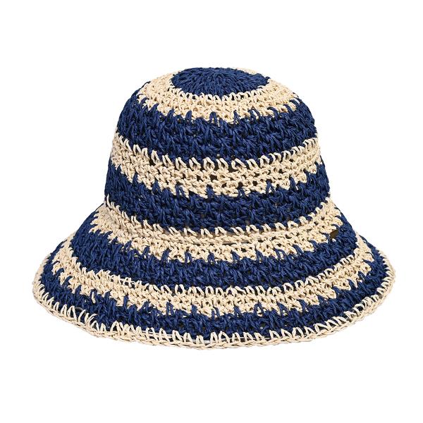 CC PAPER STRAW HAND CROCHET CLOTH BUCKET HAT IN 2 TONE STRIPES STRAW BUCKET HAT