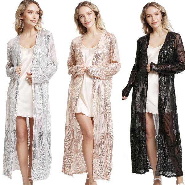 LEAVES PATTERN SEQUIN LONG COVER-UP