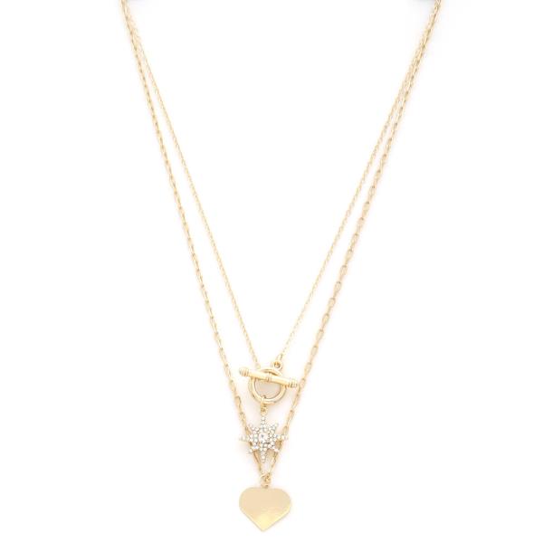 SDJ STAR HEART CHARM TOGGLE CLASP METAL LAYERED NECKLACE