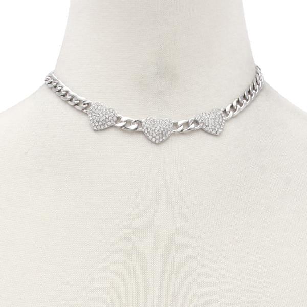 SODAJO TRIPLE HEART RHINESTONE CURB LINK CHOKER NECKLACE