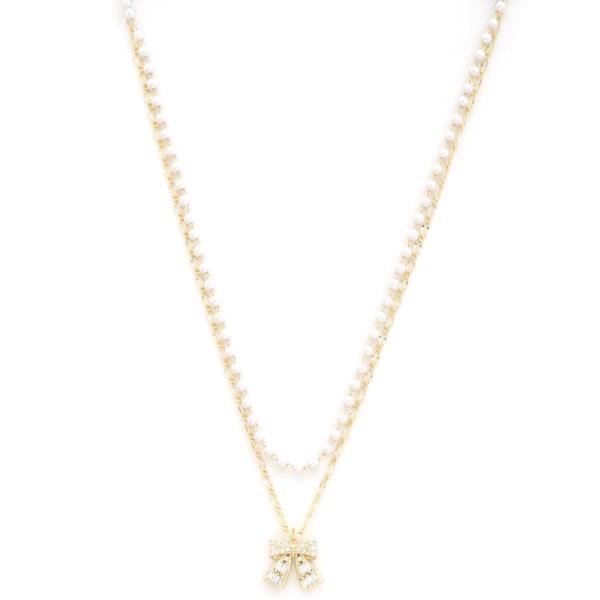 SODAJO BOW CHARM PEARL BEAD LAYERED GOLD DIPPED NECKLACE