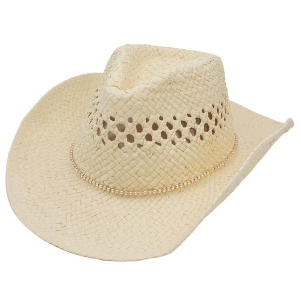 COWBOY RHINESTONE ACCENT BAND TRIM STRAW SUN HAT