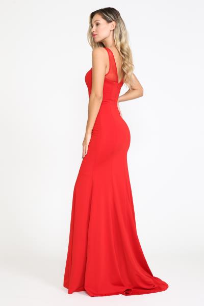 (6 PCS X $64.00) Elegant and pretty long Jersey gown with see through deep v-neck,