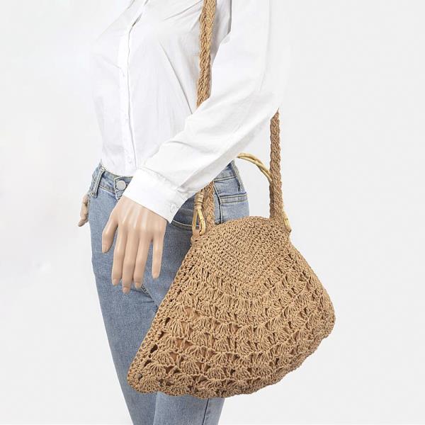 FAUX STRAW BAMBOO HANDLE BAG
