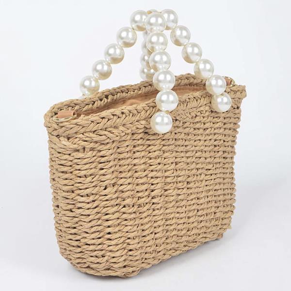 FAUX STRAW BAG WITH PEARL HANDLE