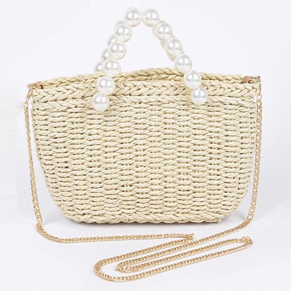 FAUX STRAW BAG WITH PEARL HANDLE