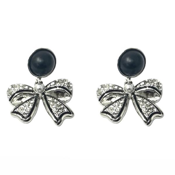RHINESTONE PEARL RIBBON BOW DANGLE EARRING