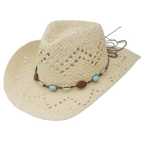 SHELL TQ STONE BAND COWBOY STRAW SUN HAT