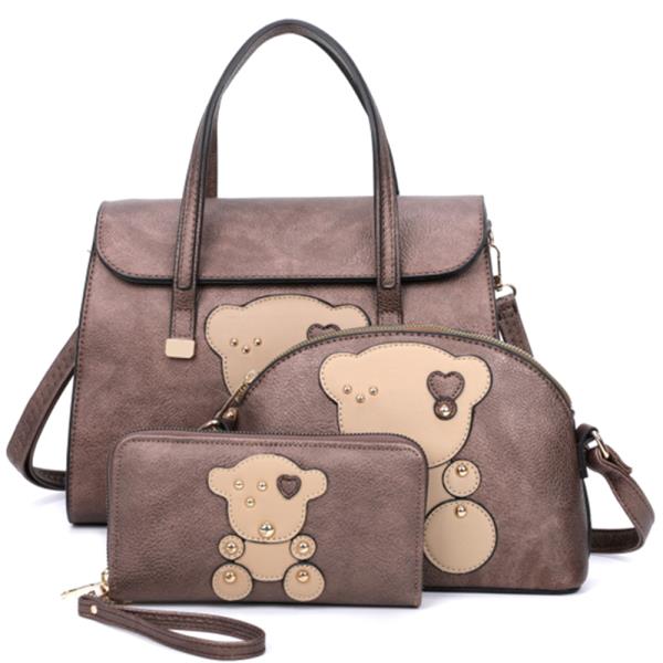 3IN1 SMOOTH BEAR SATCHEL BAG W CROSSBODY AND WALLET SET