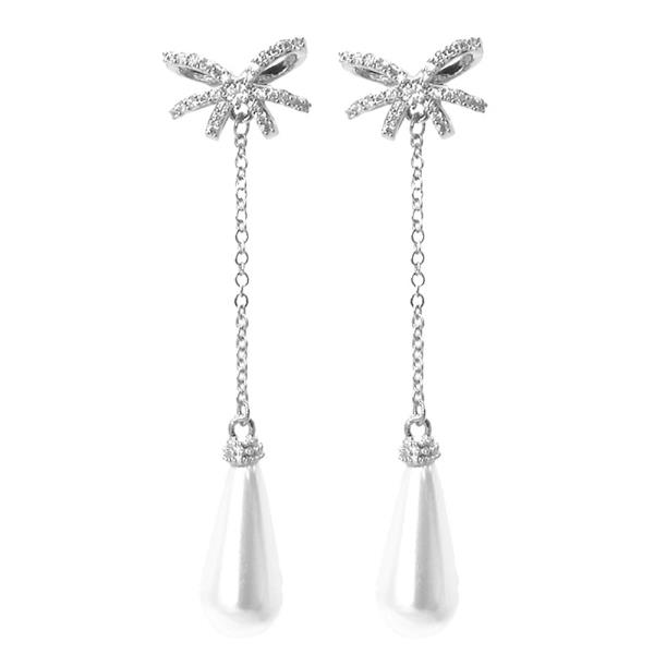 CZ BOW PEARL TEARDROP EARRING