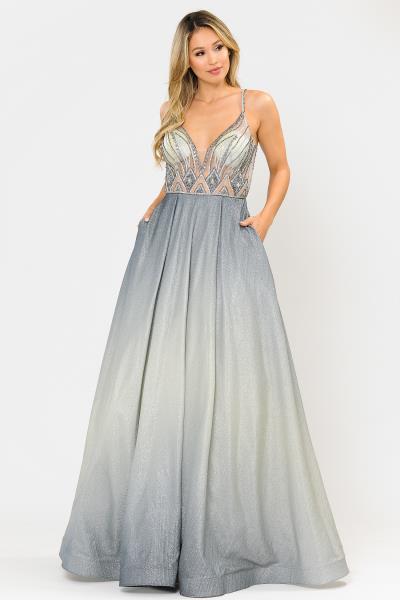 (6 PCS X $79.00) Mesmerizing Elegance: Ombre Glitter Knit Spaghetti Strap Gown with Illusion V-Neck and Sheer Rhinestone Bodice