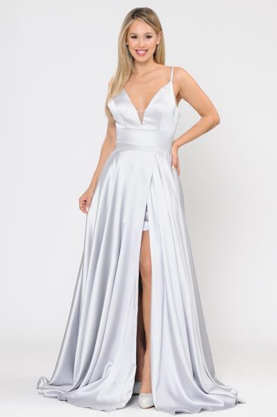 ($69.00 EA X 6 PCS) Sensual Elegance: Soft Satin Sheer V-Neck Dress with High Slit